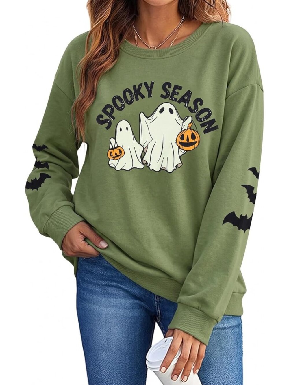 🆕 Women’s Green Spooky Season Ghosts Bats Halloween Crewneck Sweatshirt
